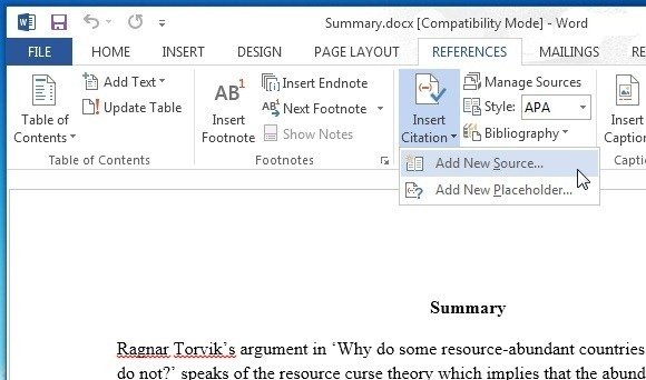 how to insert a citation number in word